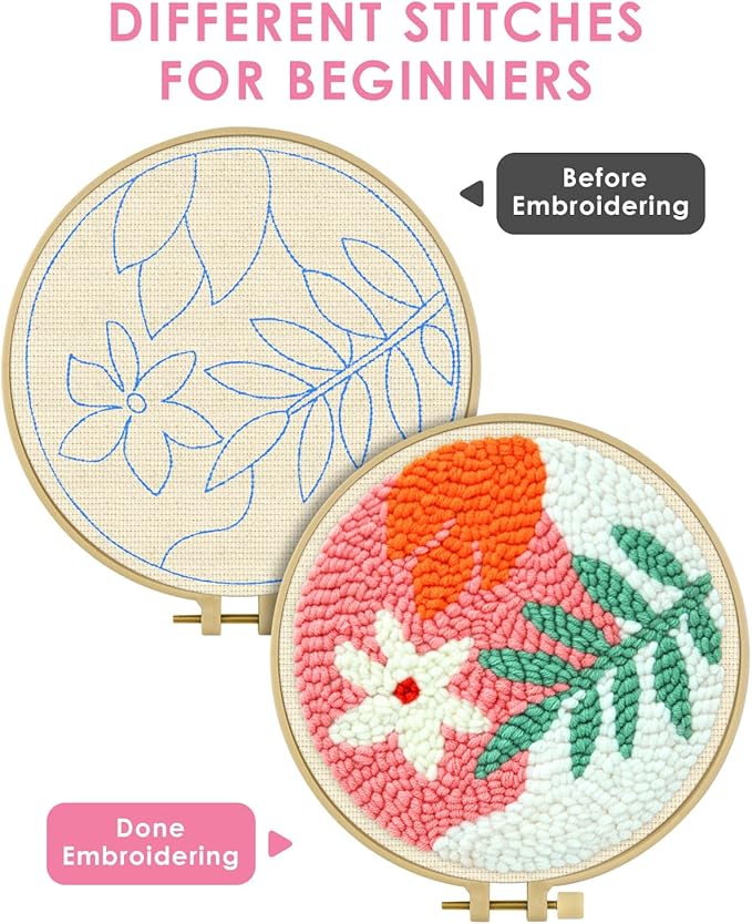 TINDTOP Punch Needle Kits, Punch Embroidery Kits for Adults Beginner, Tool with Punch Needle Fabric, Hoops, Yarns and Sewing Needles