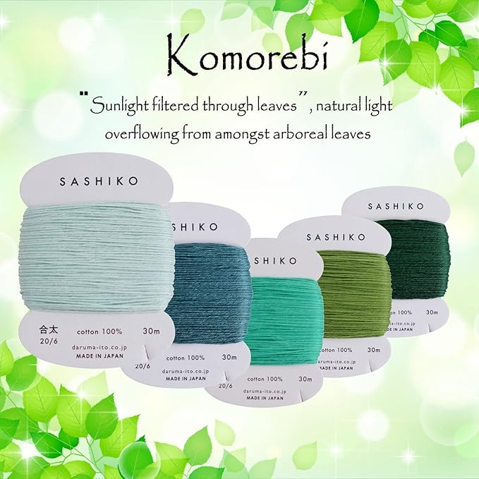 DARUMA Sashiko Thread 100% Cotton Card Type (32.8 yd) x 5 Colors with English Manual, Sewing & Embroidery Value Set with Gift Package(Thick, Komorebi)
