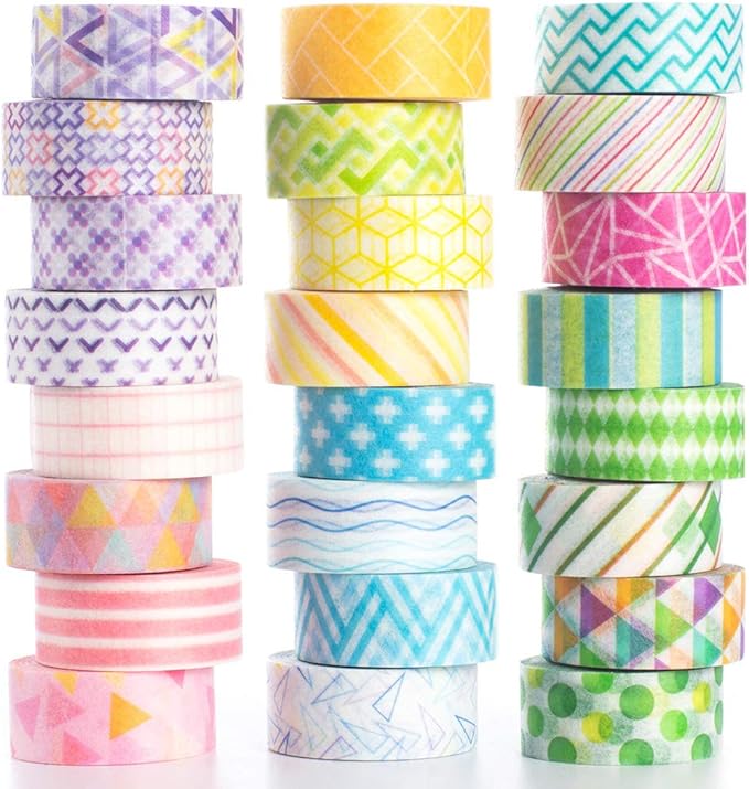 YUBBAEX 24 Rolls Washi Tape Set Basic Skinny Masking Decorative Tapes for Arts, DIY Crafts, Journals, Planners, Scrapbooking, Wrapping (Mini Graphics)