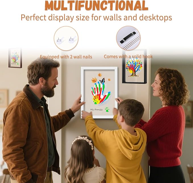 brown family handprint kit for 4 – wooden frame with 4 clear acrylic boards, diy handprint keepsake for baby, pet, mom, grandparents, hand mold art set with non-toxic washable paint (brown)