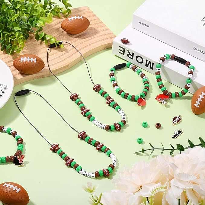 Kavoc Football Beads Necklace Crafts Kit Football Letter Beads Green Brown Pony Beads Sports-Themed Pendants Cords for Jewelry Necklace Bracelet Making DIY Crafts Decor