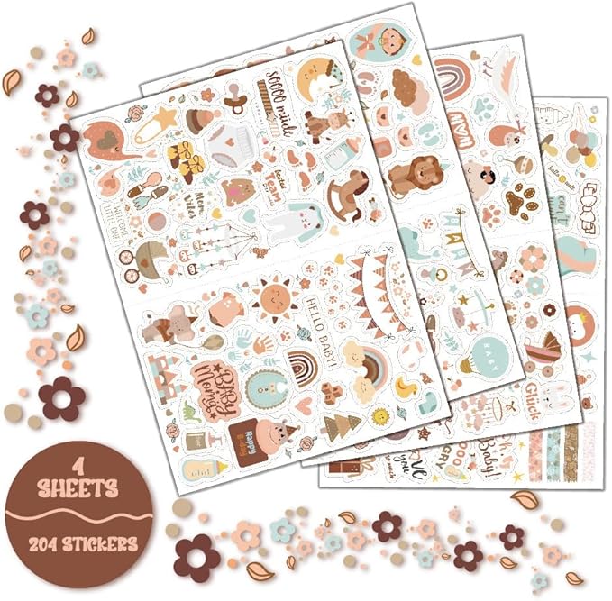 4 Sheets Baby Scrapbook Stickers - Clear Matte 204 Cute Newborn Baby Shower Stickers for Planner, Pregnancy Journals, Albums, Baby's First Year Scrapbook Supplies Decorations