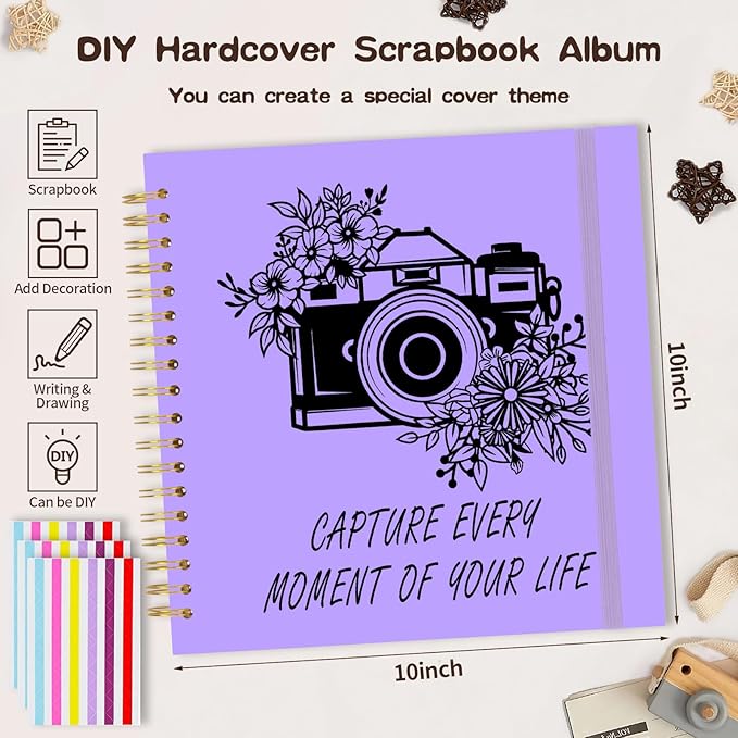 Scrapbook Album 10x10 inch, Travelling Journal Scrap Book Family Scrapbook Scrapbooking Supplies Kits Gift for Couples Anniversary Wedding (purple, 10 x 10 inch)