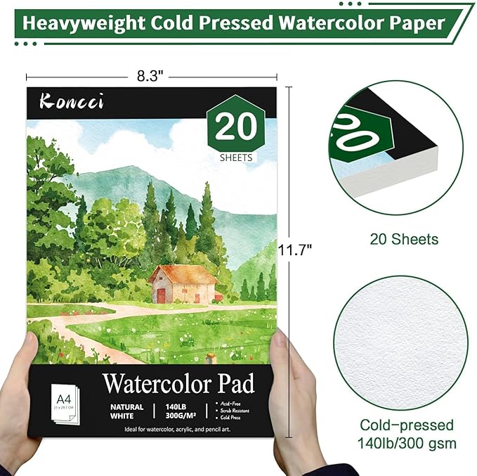 Watercolor Paper A4(8.3"X11.7"), Cold Press Water Color Paper Pad, 140lb/300gsm, Glue Bound, Painting Drawing Paper Book, Acid-Free Watercolor Sketchbook, Art Supplies for Students Adults