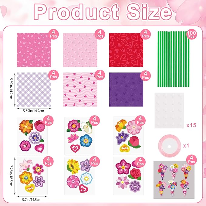CCINEE 24 Sets Valentine Day Paper Flower Bouquet Crafts Kits, Make Your Own Spring Pink Flower Bouquet Paper DIY Kits for Mother's Day Valentines Day Teacher Appreciation Gifts School Activity