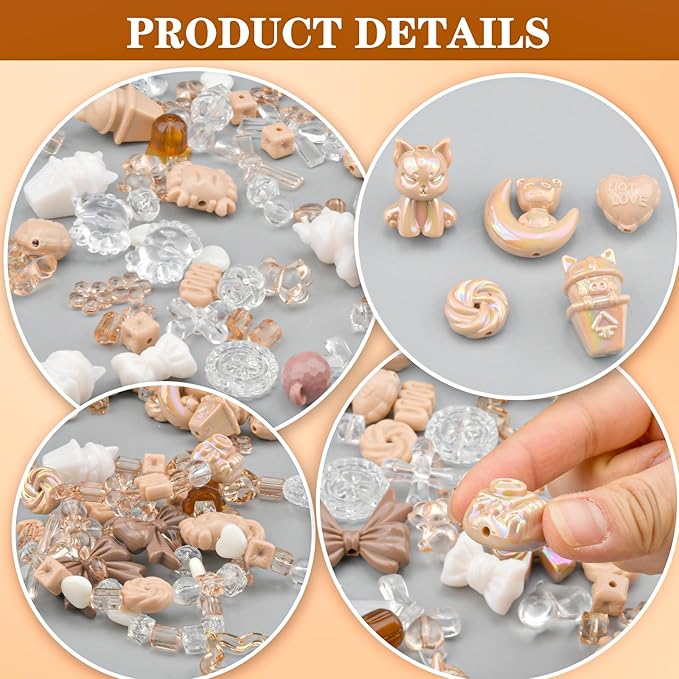 ABONDEVER 245-300Pcs Assorted Acrylic Beads for Bracelets Making Kawaii Star Bow Flower Candy Heart Gummy Bear Butterfly Beads for DIY Jewelry Crafts Keychain Necklace Phone Charms(Coffee)
