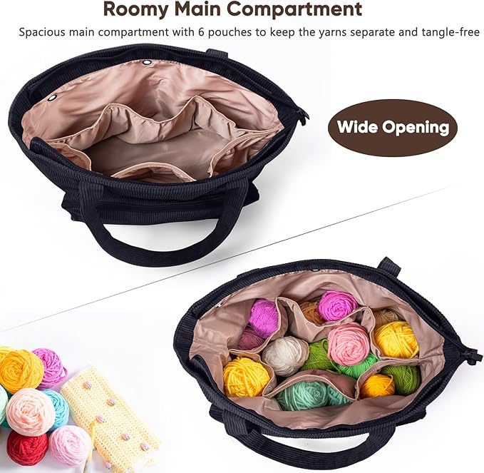 Large Yarn Tote Organizer – Corduroy Knitting Storage Holder for Yarn, Hooks & Accessories, Portable Craft Carryall for Crocheting Lovers, Mother’s Day Gift