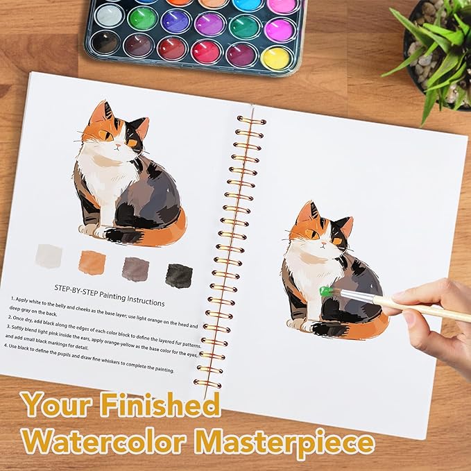 Easy Watercolor Workbook for Beginners - 12 Beautiful Step-by-Step Paintings Water Coloring Book, Includes 18 Colors Paints, Relaxing Art Projects and Creative Gift for Adults & Teen (Cats)