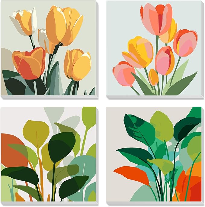MXJSUA 4 Pack Tulips Green Plant Framed Paint by Numbers Kit with Canvas for Adults Beginner, DIY Acrylic Oil Painting Kits with Brushes for Home Wall Decor Gift (8x8 inch)