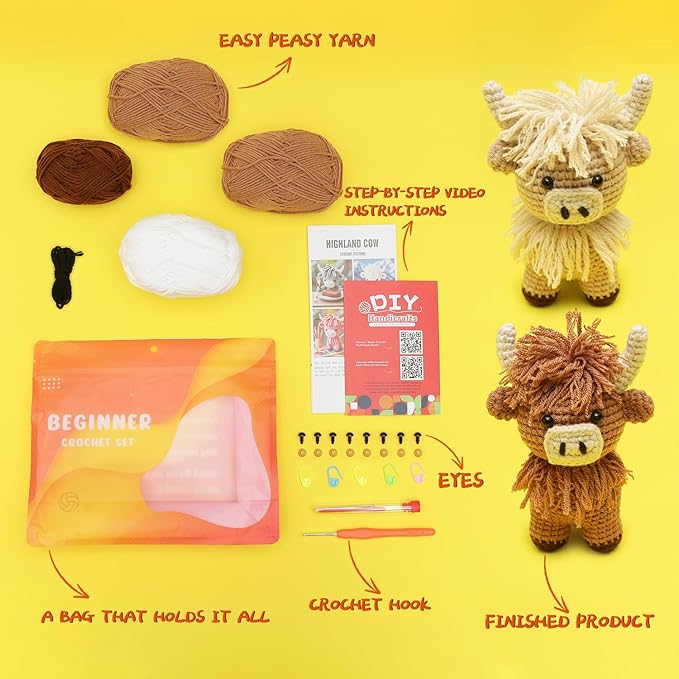 GONELYON Crochet Kit for Beginners, 2 PCS Crochet Animal Kit Highland Cattle, with Step-by-Step Video Tutorials, Beginner Crochet Kit for Adults, DIY Amigurumi Animal Craft Kit