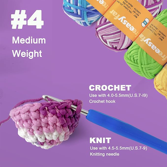 4x50g Beginner Crochet Yarn for Crocheting and Knitting; Beginner Easy Yarn kit with Tool Set (Azure Waves+Lavender Dreams+Green+Yellow, 4 Skein)