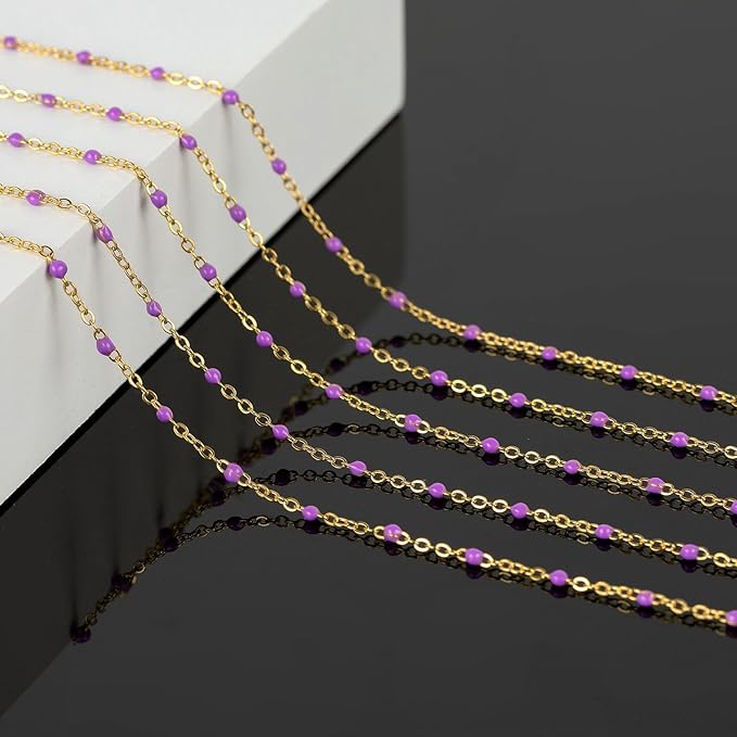 KYUNHOO 5 Meters Gold Stainless Steel Chains for Jewelry Making Purple Enamel Beaded Chain Roll with Lobster Clasps Jump Rings for Crafting Bracelet Choker DIY