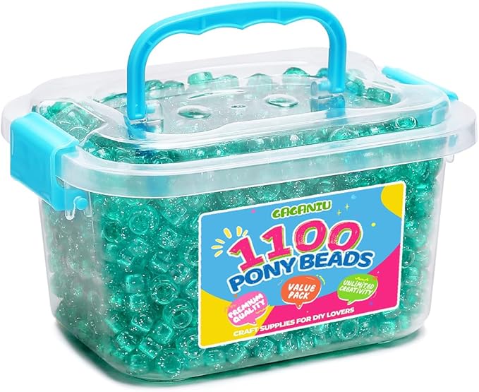 gaganiu pony beads 1100+ pcs – glitter green plastic kandi beads in jar for bracelets, hair braids, jewelry making & diy crafts