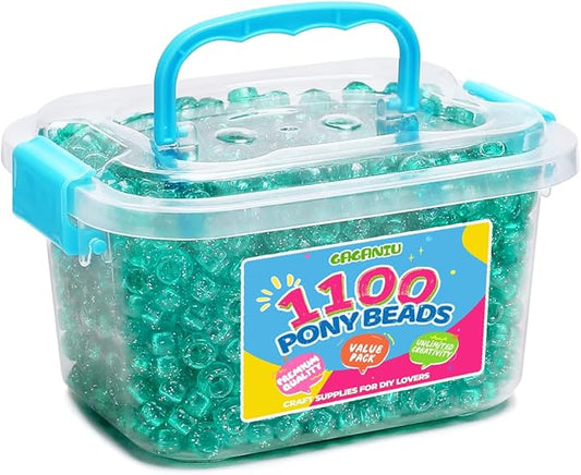 gaganiu pony beads 1100+ pcs – glitter green plastic kandi beads in jar for bracelets, hair braids, jewelry making & diy crafts