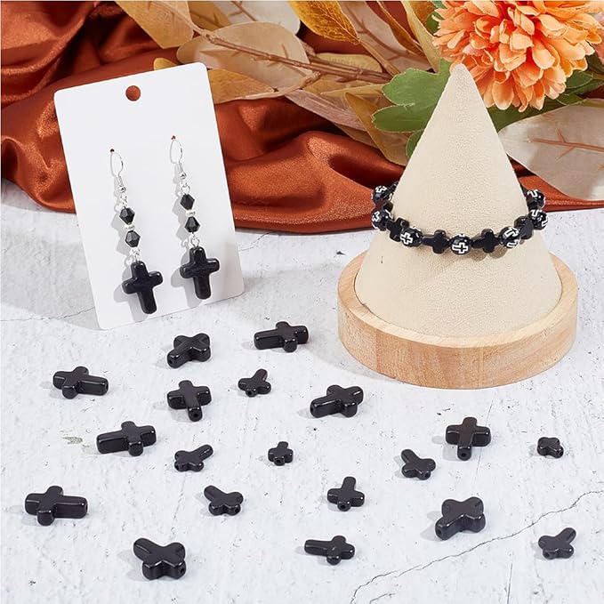 SUNNYCLUE 1 Box 90Pcs Black Cross Beads 3 Sizes Small Stone Cross Bead 10/16/20mm Mini Tiny Synthetic Turquoise Gemstone Beads Charms Easter Holiday Pocket Crosses for Jewelry Making Kits