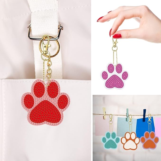 Demonwer 12 Pcs Dog Paw Diamond Keychains Kit DIY Pet Paw Diamond Keychains Dog Paw Diamond Art for Beginners Adults Art Craft Supplies Gift