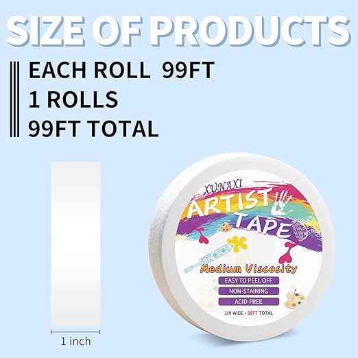 1 Packs Artist Tape Medium Tack White Art Tape for Watercolor Paper Drafting Art Painting Canvas Framing Acid Free Masking Tape- 1IN Wide 99FT Long Total
