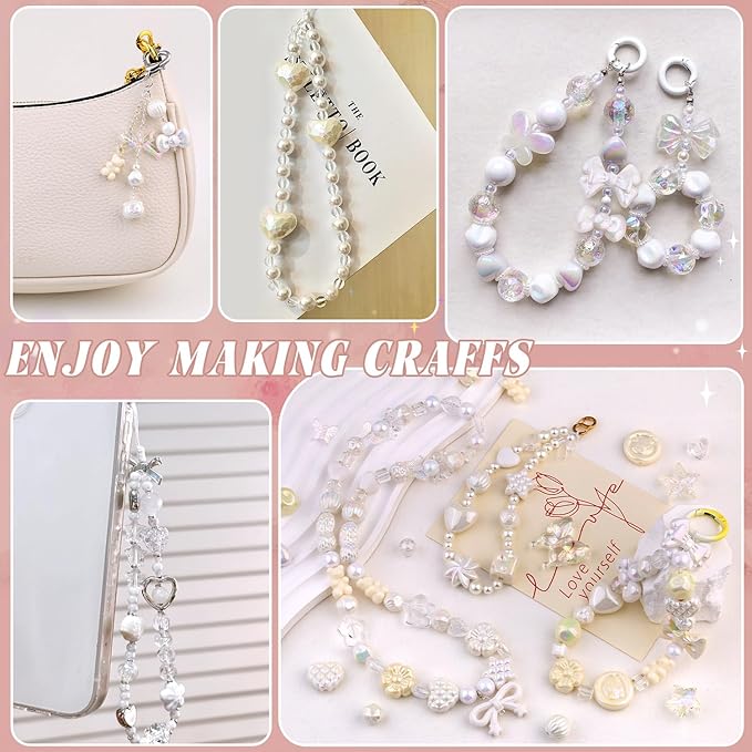 200-260pcs tinkrstuff assorted white acrylic beads for bracelet making, cute beads for jewelry making flower bow butterfly candy gummybear aesthetic bracelet charms,diy necklace keychain phone charm