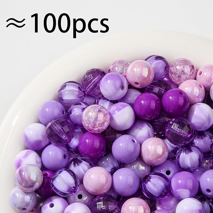 16mm Acrylic Bead 100pcs Purple Focal Spacer Bead Chunk Bubblegum Beads for DIY Crafting Necklace Bracelet Jewelry Making Keychain (Purple)