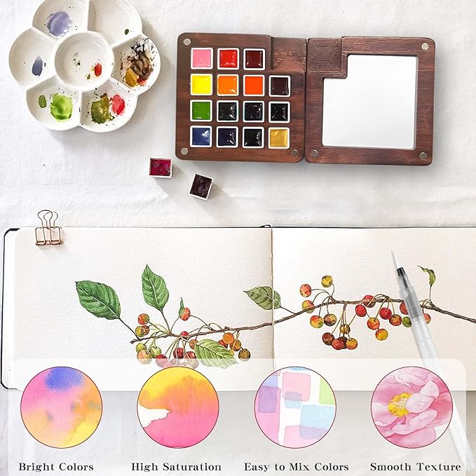 Mini Watercolor Paint Set - 15 Color Travel Watercolor Palette Set - Portable Water Color Paint Set with Watercolor Journal, Binder Clips,Pens,Storage Bag, Wooden Box for Beginners Painters Artists Student
