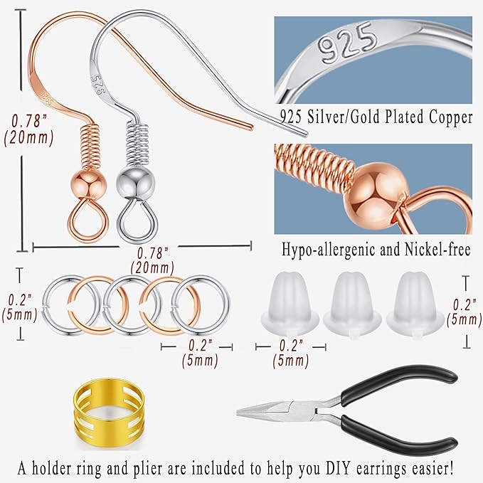 MAIBAOTA Hypoallergenic Earring Hooks, 602 Pcs Silver and Rose Golden Plated Earring Hook, Earring Kit Include Earring Backs, Jump Rings, Earring Findings, DIY Jewelry Making Tools