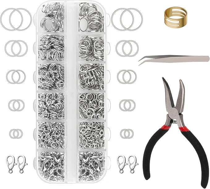 1200 Pcs Jump Rings, Jewelry Making Kit with Open/Close Tools, Pliers, Tweezers, Lobster Clasps, DIY Necklace Repair and Keychain Supplies (Silver)