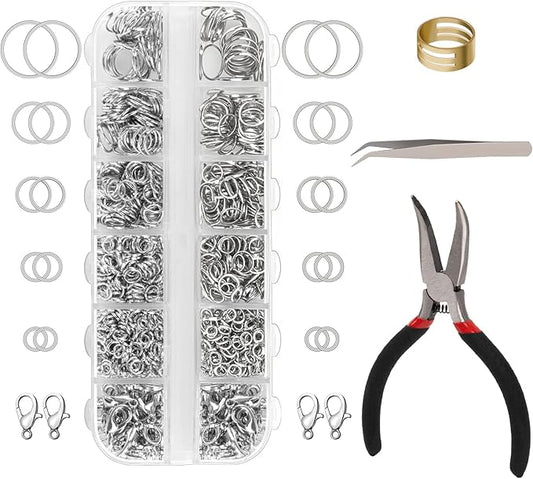 1200 Pcs Jump Rings, Jewelry Making Kit with Open/Close Tools, Pliers, Tweezers, Lobster Clasps, DIY Necklace Repair and Keychain Supplies (Silver)