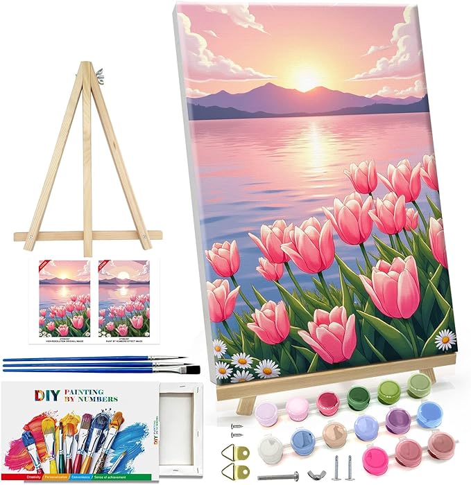 ATDMS Paint by Numbers Kit for Adults with Frame Flowers Adult Paint by Number Kits Framed Canvas Seaside Sunset Paint by Number with Easel DIY Mountain Oil Painting kits for Home Wall Decor 8x12 Inch