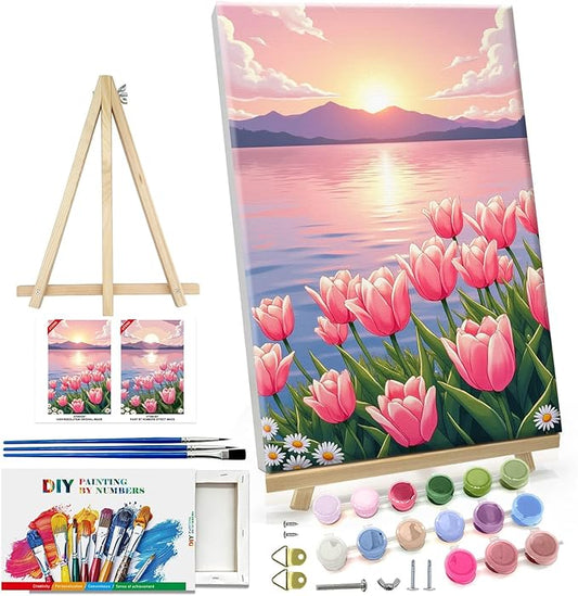 ATDMS Paint by Numbers Kit for Adults with Frame Flowers Adult Paint by Number Kits Framed Canvas Seaside Sunset Paint by Number with Easel DIY Mountain Oil Painting kits for Home Wall Decor 8x12 Inch