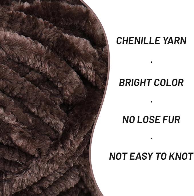 Fuzzy Chunky Chenille Yarn for Crocheting，Soft Plush Yarns for Hand Knitting，Bulky 3x100g（3x49.2 yd） Baby Blanket Yarn for Crocheting Amigurumi，Crochet Fluffy Velvet Yarns (Coffee Color)