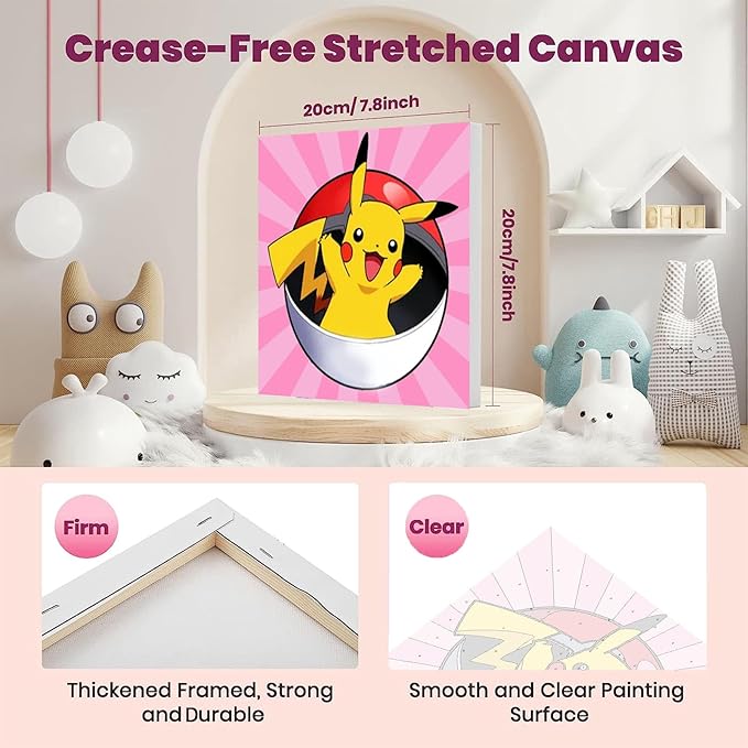 KOJEFCV 4 Pack Cartoon Paint by Numbers for Kids with Framed Canvas-with Wooden Easel, Paint by Number for Kids Ages 4-8-12, DIY Easy Acrylic Oil Painting Kits for Home Wall Decor (8X8inch)