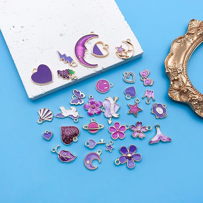 Youdiyla 60pcs Alloy enamel purple series fixed set Pendant Jewelry Making DIY Keychain Earrings Pendant Various Design Charms for Jewelry Making Bracelets Necklace (HK555)