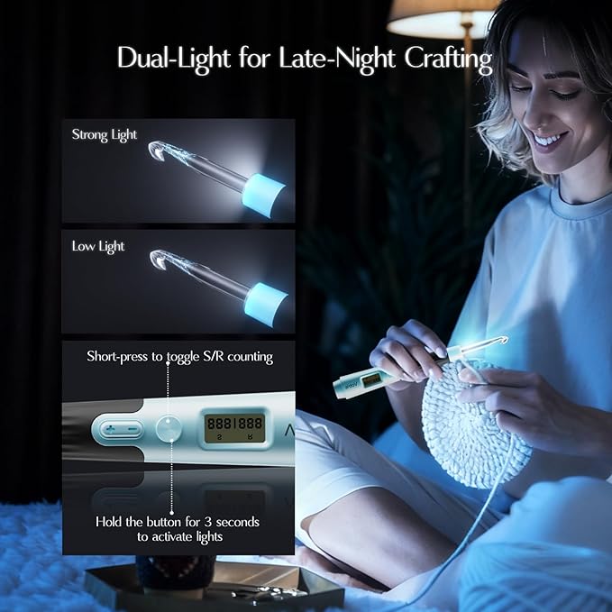 Votris 18 in 1 Counting Crochet Hooks, Light up Crochet Hook Set with Digital Stitch Counter 2.0mm-14.0mm, Rechargeable & Interchangeable Heads Lighted Crochet Hook Set, Ergonomic Handles for Beginner