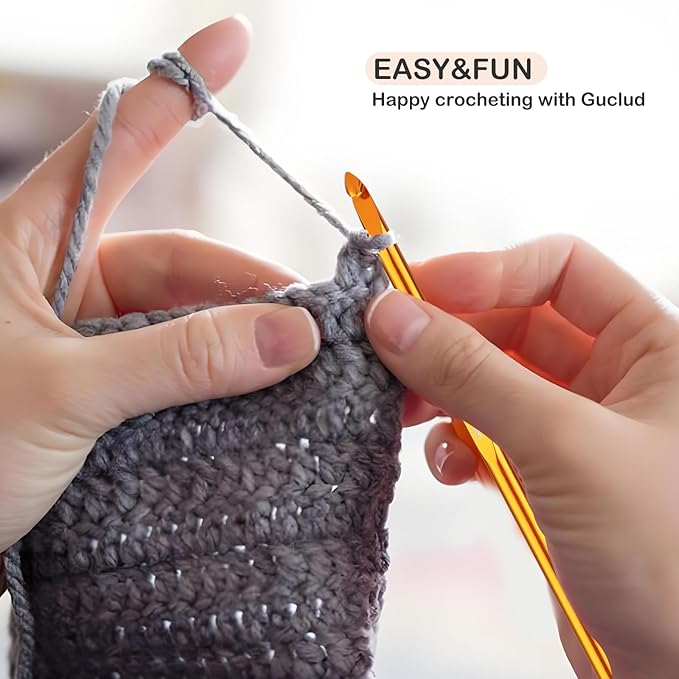 Guclud Inline Crochet Hook Set - 12PCS Ergonomic Extra Long Aluminum Hooks (3-10mm) with Grip Handles for Arthritic Hands, Complete Crochet Kit for Beginners with Storage Case