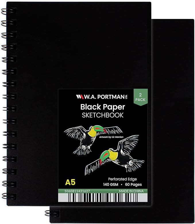 wa portman black paper sketchbook 2-pack a5 (6" x 8.25") – 140 gsm acid-free black sketchbook for drawing – 60 pages (30 sheets) drawing pad journal – mixed media sketch pad for kids & adults