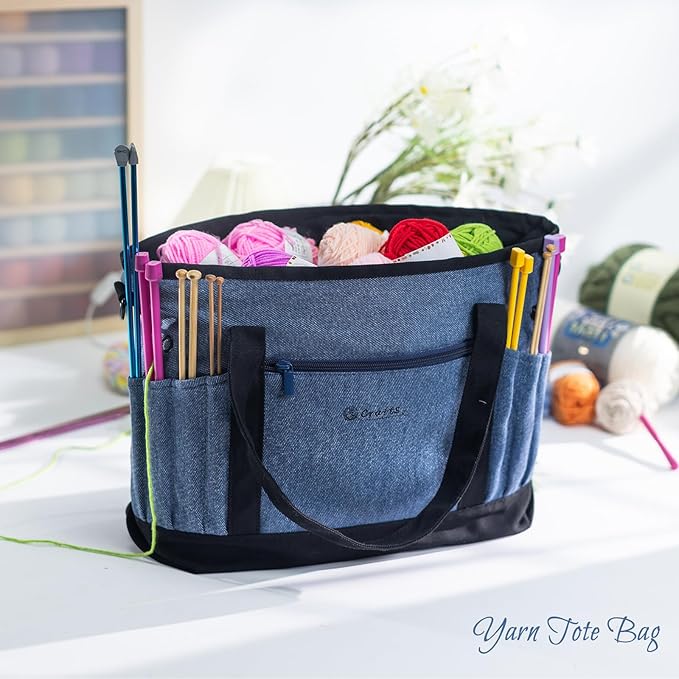 Canvas Yarn Storage Organizer Bag Washable Crochet Bag with Pockets for Yarn, Hooks, Needles – Travel Knitting Tote for Crafters – Gift for Crocheters & Knitters (Medium/Large)