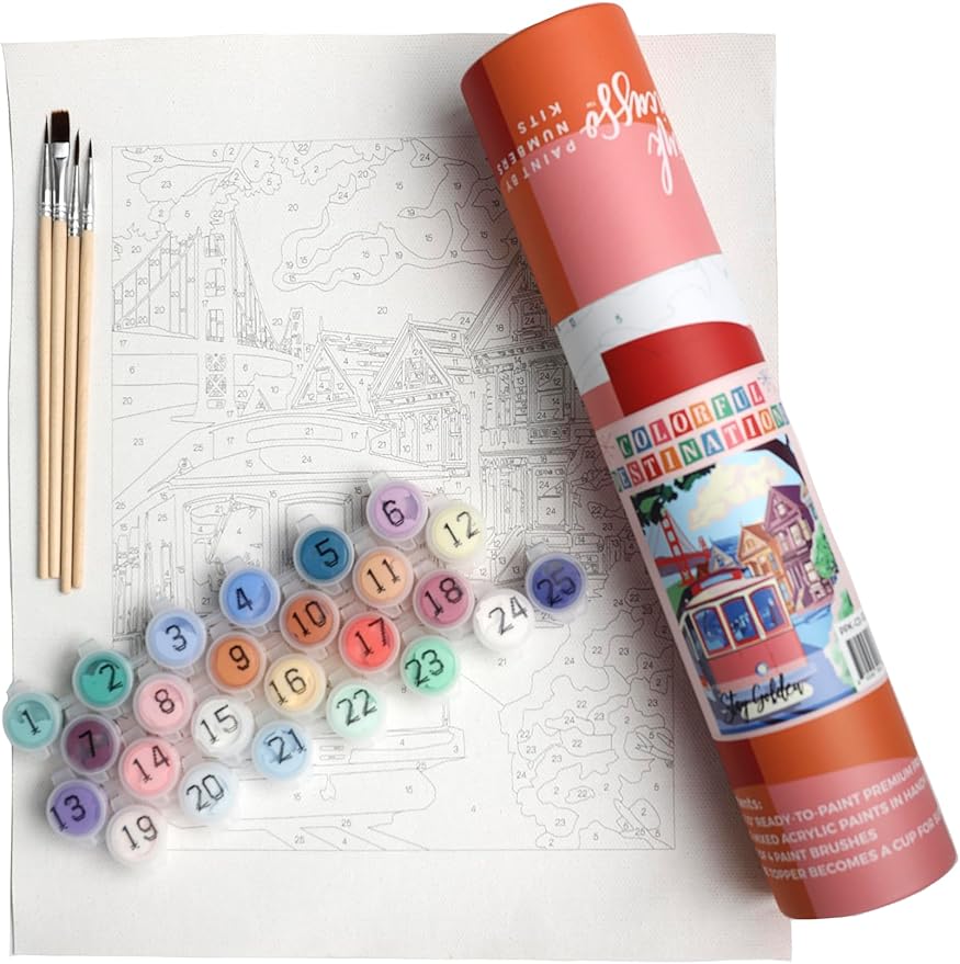 Pink Picasso Kits Colorful Destinations Paint by Number for Adults and Teens | DIY Unique Canvas Painting Kits Color by Numbers Arts & Crafts Kit | Stay Golden 8x10 - Paint Kit Set