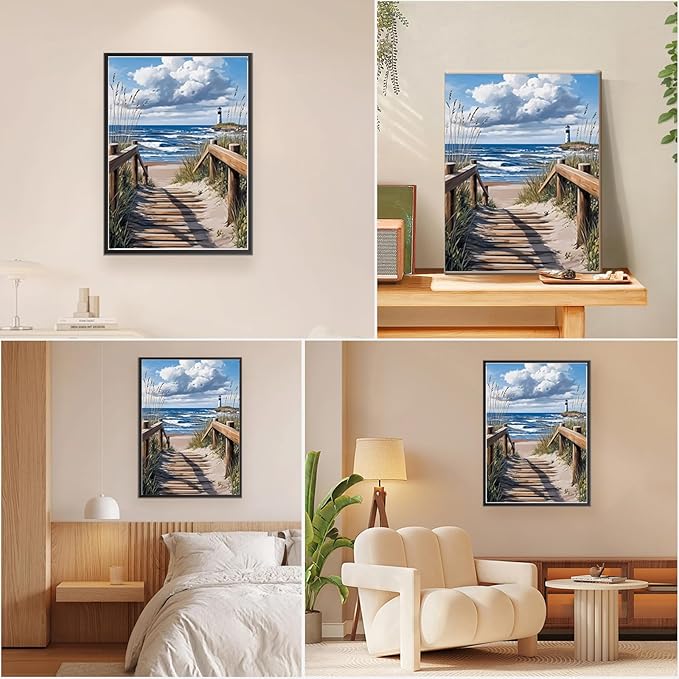 EOBROMD Framed Paint by Numbers Kits for Adults - Wooden Easel, Seaside DIY Painting Kits for Adults Beginner, Painting on Stretched Canvas Oil Paint by Numbers for Home Decor Gift 10x14 Inch