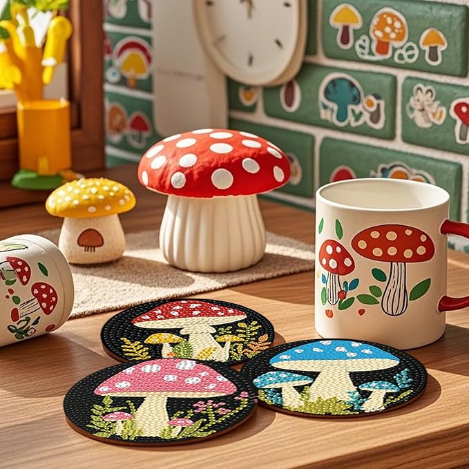 EWJRNSF 8 PCS 5D Diamond Painting Coasters Kits with Holder, Small Diamond Art Kits for Adults Beginners Diamond Dots Arts and Crafts Gems Supplies Item Mushroom Shaped