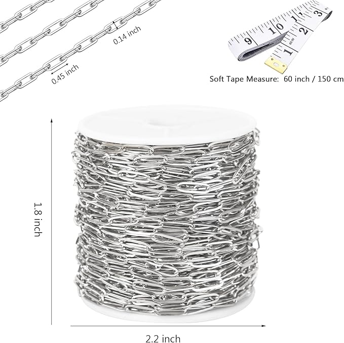 16 Ft Stainless Steel Paperclip Chain for Jewelry Making, 3.5mm Width Silver Paper Clip Link Chains Roll for DIY Necklace Bracelet Craft Jewelry Making Supplies with Lobster Clasps Soft Tape Measure