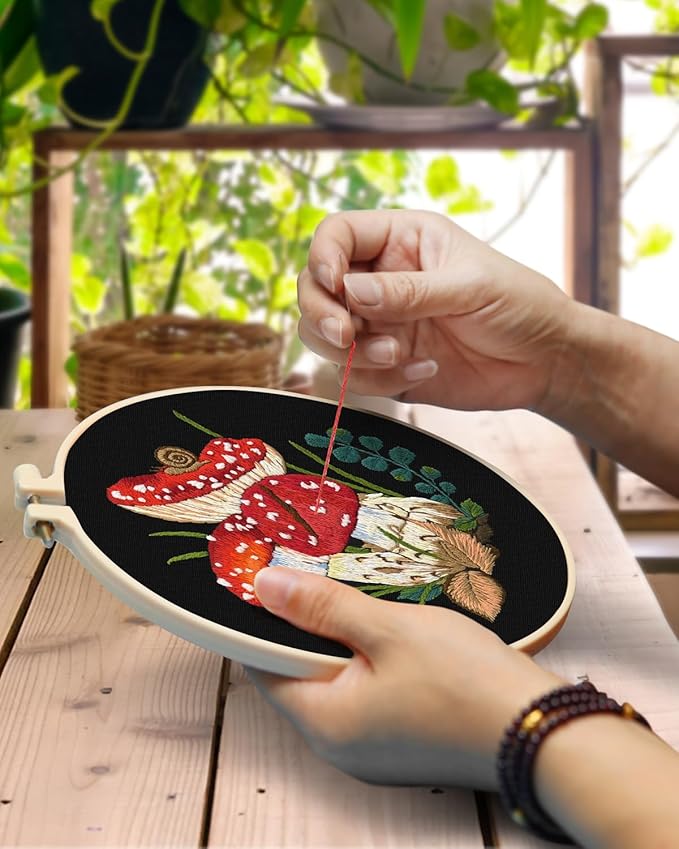 TINDTOP Embroidery Kit for Adult Beginners, Mushroom Embroidery Stitch Practice kit Include Embroidery Cloth Hoops Threads for Craft Lover Hand Stitch
