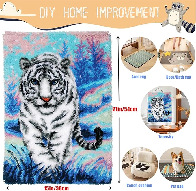 EMISTEM Latch Hook Kits for Adults - DIY Latch Hook Rug Kits, Crochet Kit for Beginners, Rug Making Kits with Printed Canvas, Gift Packaging.(White Tiger Walking on Snow, 20x15)