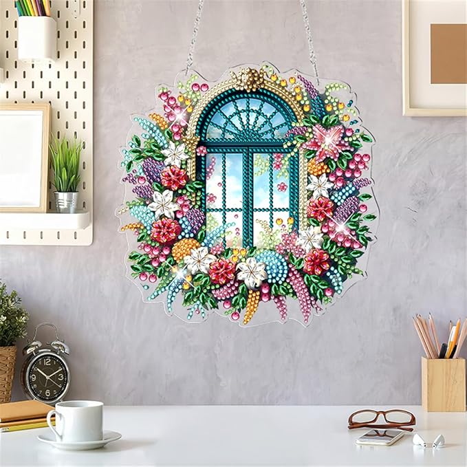 POETRYDRAW DIY Hanging Diamond Art Pendant Kit Window View, Special Crystal Acrylic Diamonds Painting Ornament for Adults, 5D Diamond Art Suncatchers Gem Painting Box Kit