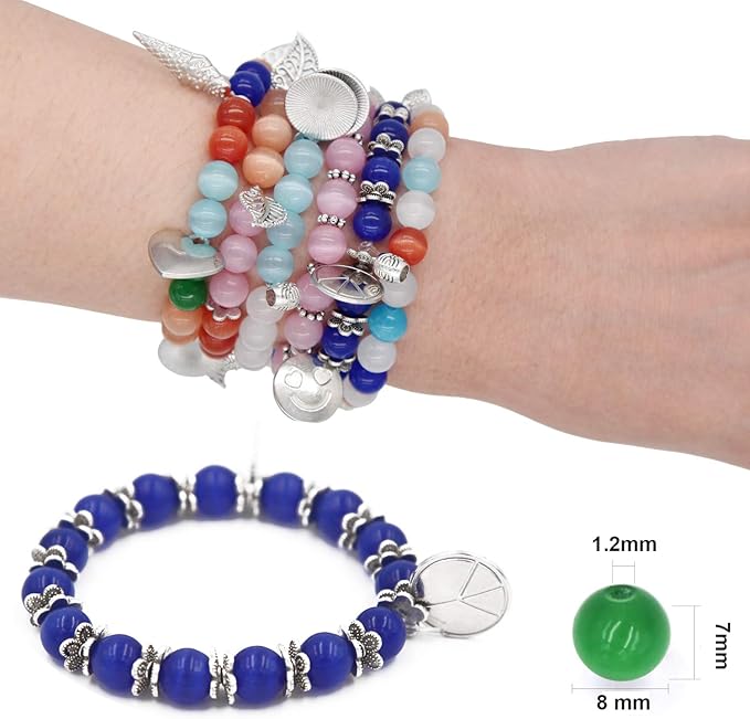EuTengHao 488Pcs Cat Eye Glass Beads Set Natural Gemstone Round Loose Stone Beads with Pendant Accessories Open Jump Ring Spacer Beads Bracelet String for Bracelet Necklaces Crafting Earrings Jewelry
