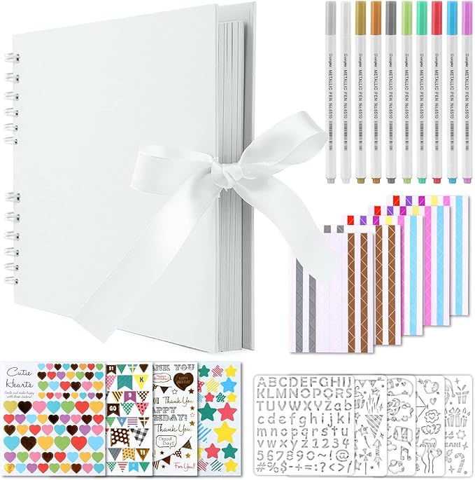 Gotideal 80 Pages Scrapbook Album with 10 Metallic Markers, Craft Paper Photo Album for Wedding and Anniversary, Family DIY Scrapbook Accessories with Scrapbooking Stickers Corners(White)…