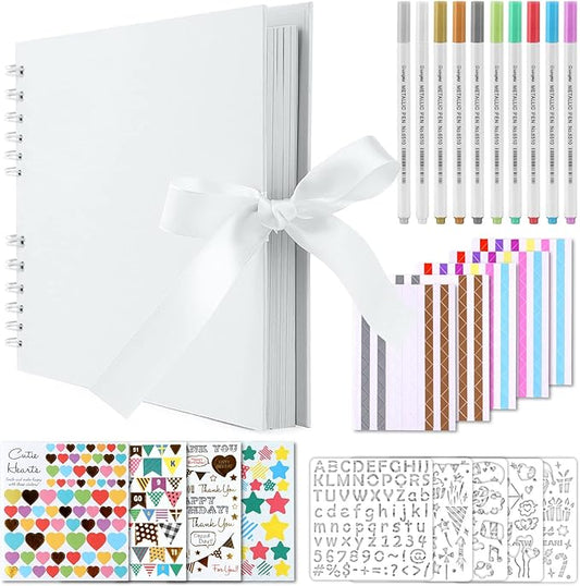 Gotideal 80 Pages Scrapbook Album with 10 Metallic Markers, Craft Paper Photo Album for Wedding and Anniversary, Family DIY Scrapbook Accessories with Scrapbooking Stickers Corners(White)…