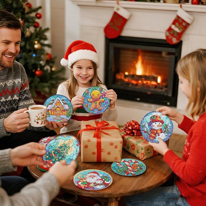 EWJRNSF 6 PCS 5D Diamond Painting Coasters Kits with Holder, Small Diamond Art Kits for Adults Beginners Diamond Dots Arts and Crafts Gems Supplies Item Christmas Style