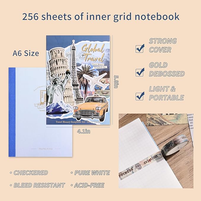 emmoolife Scrapbooking Supplies Kit, Daily Life World Travel Scrapbook Kit for Bullet Junk Journal, Stationery, A6 Grid Notebook, DIY Journaling Supplies, Birthday Craft Gift Teen Women