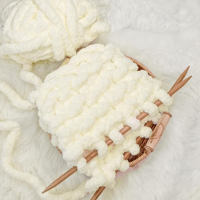 Milk White Chunky Chenille Yarn for Crocheting Bulky Thick Fluffy Yarn for Knitting,Super Bulky Hand Blanket, Soft Plush Yarn Crochet Carpet/Scarf/Cushion/ 8 Jumbo Pack(63.76oz/197.68yd