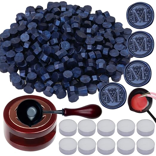 Navy Blue Wax Seal Beads, ONWINPOR 400pcs Wax Sealing Pellets Kit with Warmer, Non-Slip Spoon, Candles for Envelopes, Stamp Letter Seal, Wedding Invitations (Navy Blue)